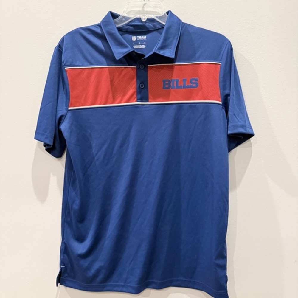 NFL Team Apparel Blue Red Buffalo Bills Polo Tee Mens Sz Large. EUC. ART